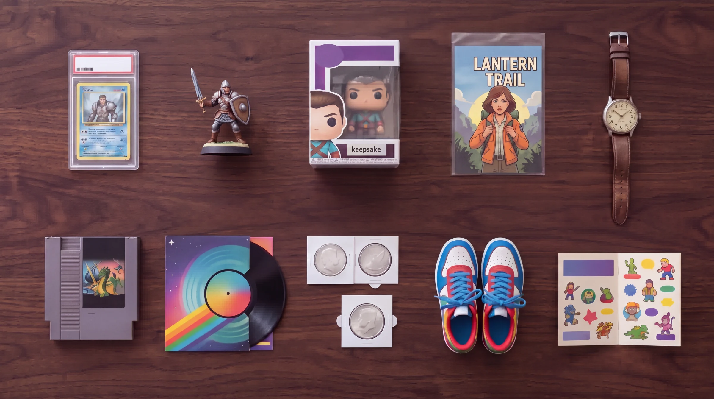 Ten collectibles laid out on a dark wooden table