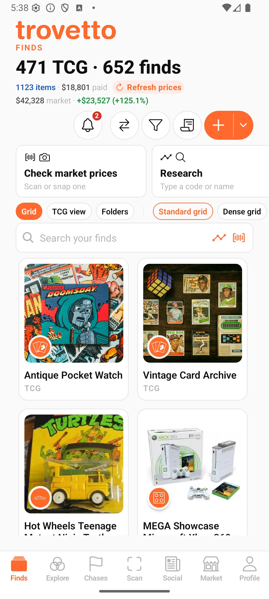 The app’s Finds screen with 1,123 items valued in dollars