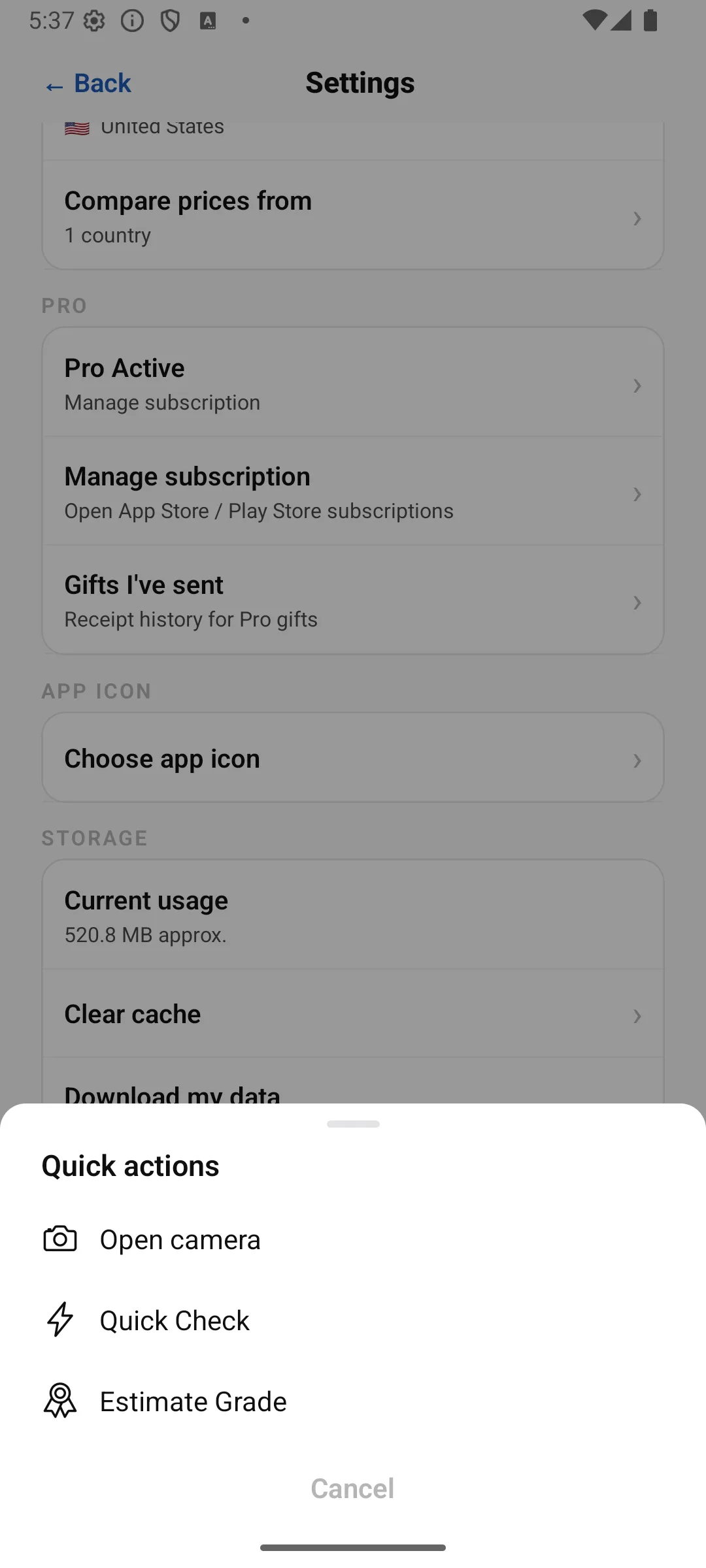 The app’s scanner shortcuts with Quick check