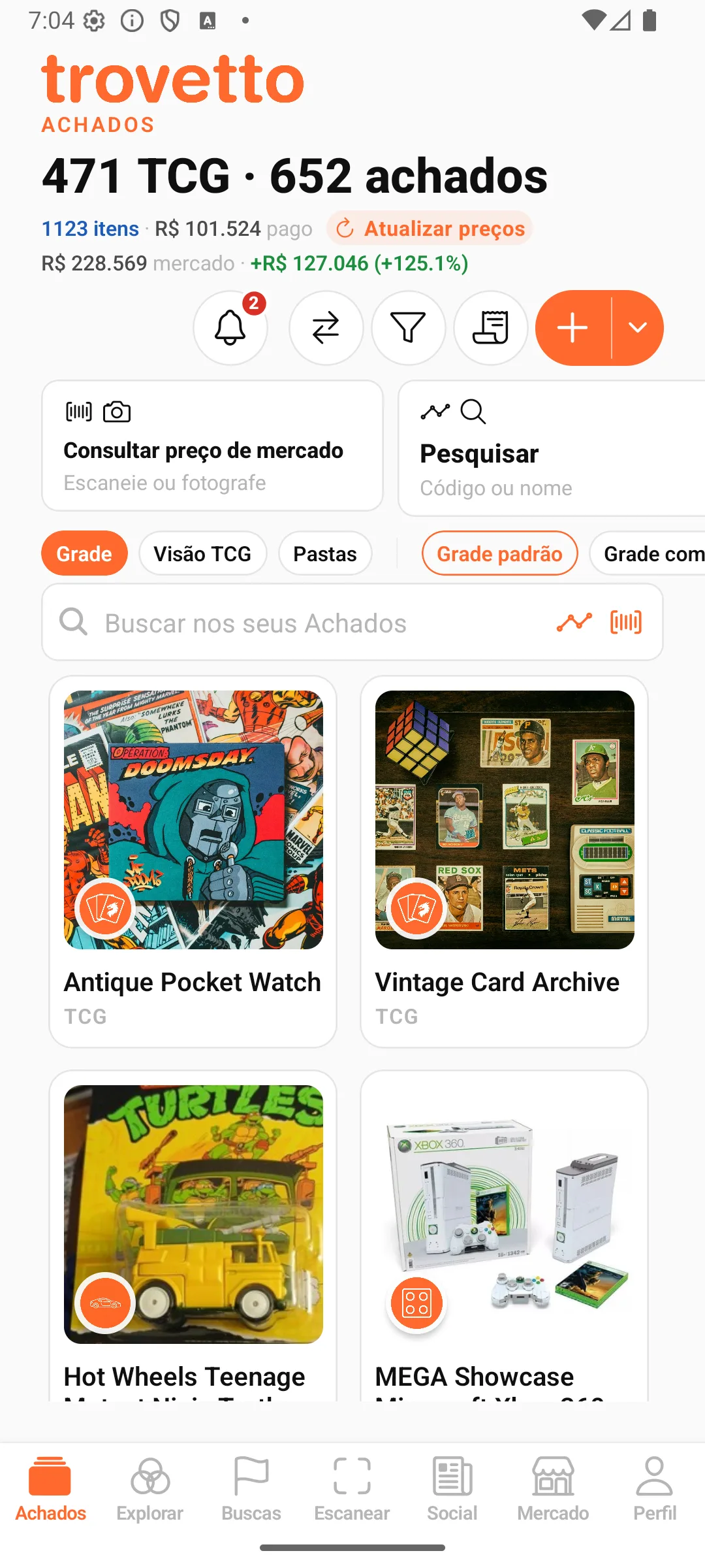 Tela de Achados do app com 1.123 itens avaliados em reais