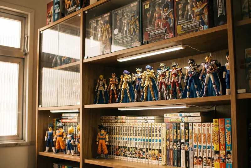 Estante brasileira de nichos cheia de figures, mangás, álbuns e consoles retrô