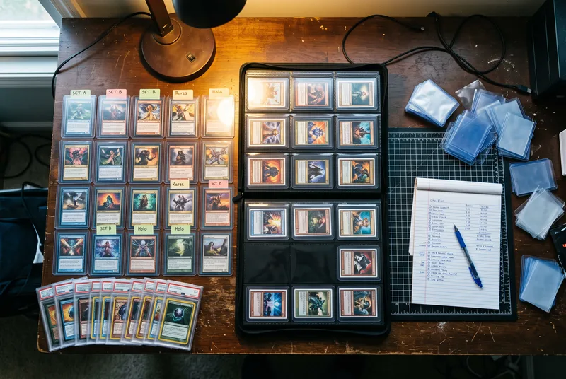 A sorting desk with a nine-pocket binder, graded slabs and a checklist